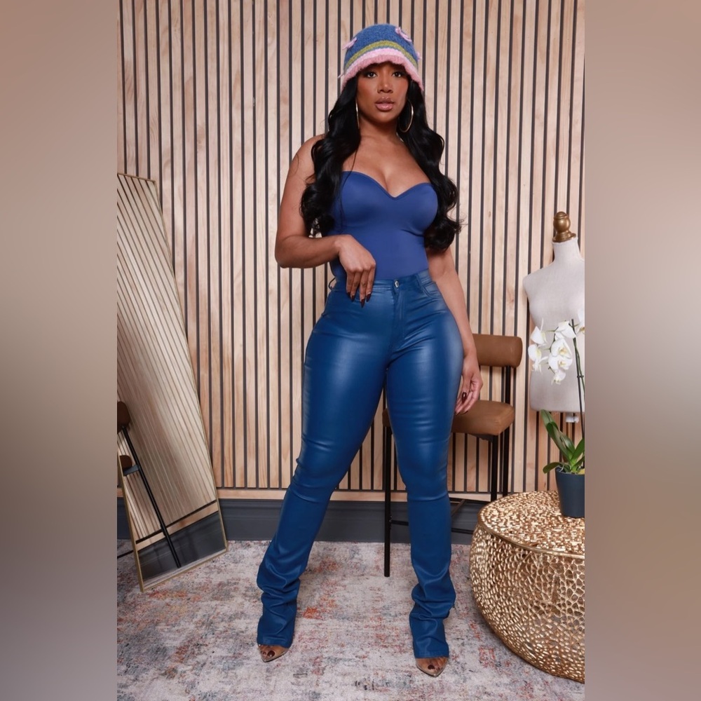 Swank A Posh - Get It Twisted Faux Leather Stacked Jeans - Navy